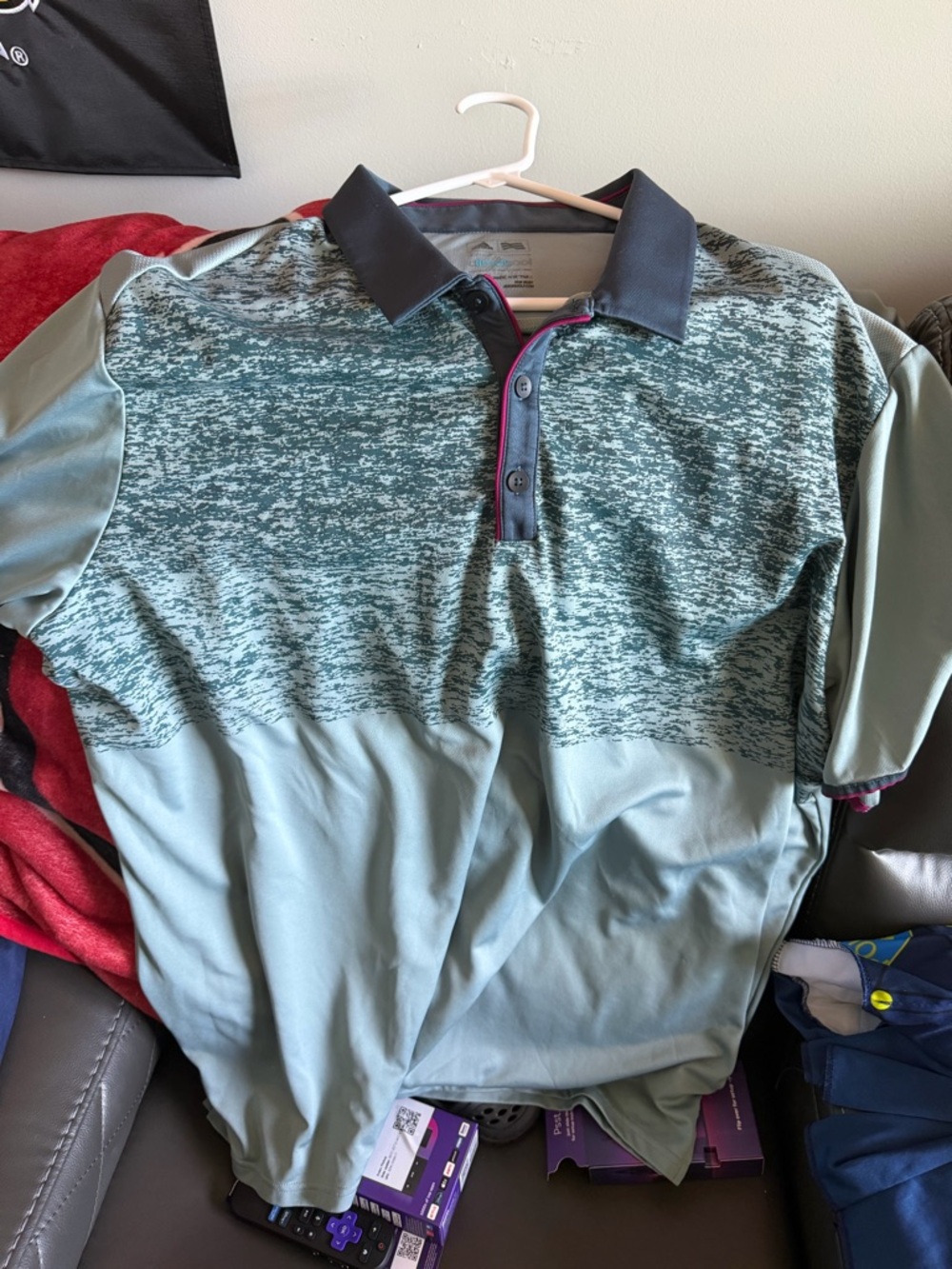 adidas Heathered Teal Green Polo with Dark Gray Collar and Pink Trim